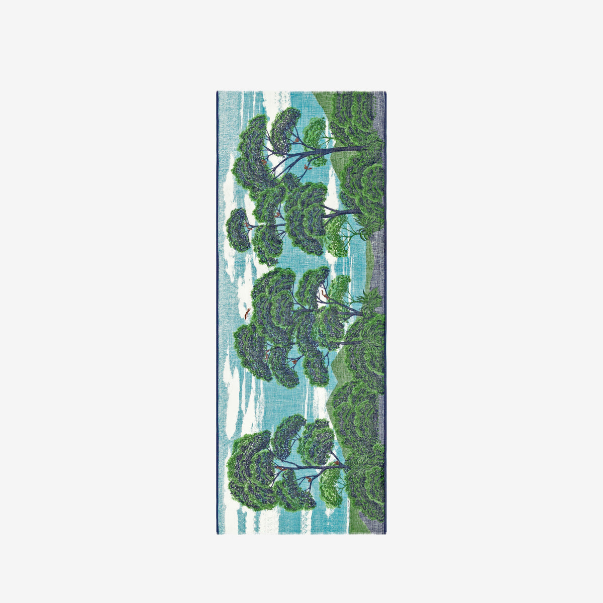 The INOUI EDITIONS - AMBROISE SCARF IN GREEN by INOUI features an illustrated design of green trees and blue sky on a plain white background, evoking a scenic outdoor view reminiscent of nature.