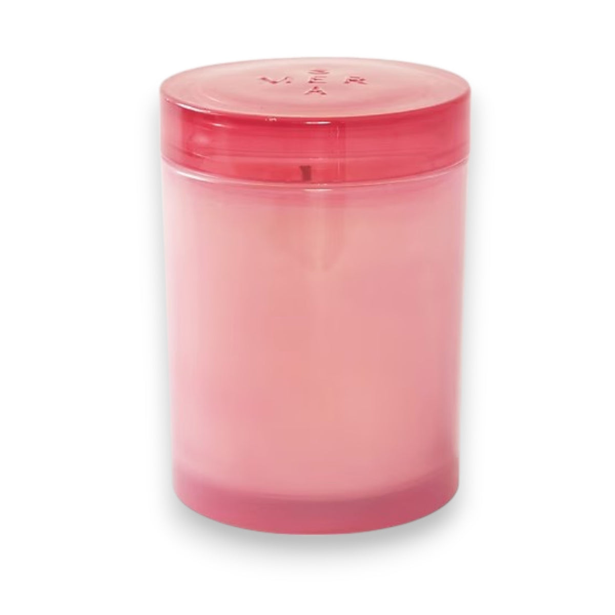 The MERSEA Cabana Flower Jolie Jar Candle features a pink cylindrical design in a translucent container with a matching lid, infused with soothing Ylang Ylang, and shown against a white background.