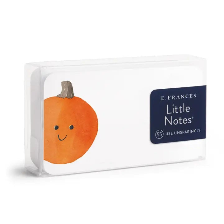 E. FRANCES PAPER's E. FRANCES - JACK-O-LANTERN LITTLE NOTES are a set of small note cards featuring a cute Jack-O-Lantern design on the front and two bats on the back. A yellow pencil with a red eraser sits below the cards, making these Halloween notes perfect as non-candy classroom treats. The packaging reads "Little Notes.