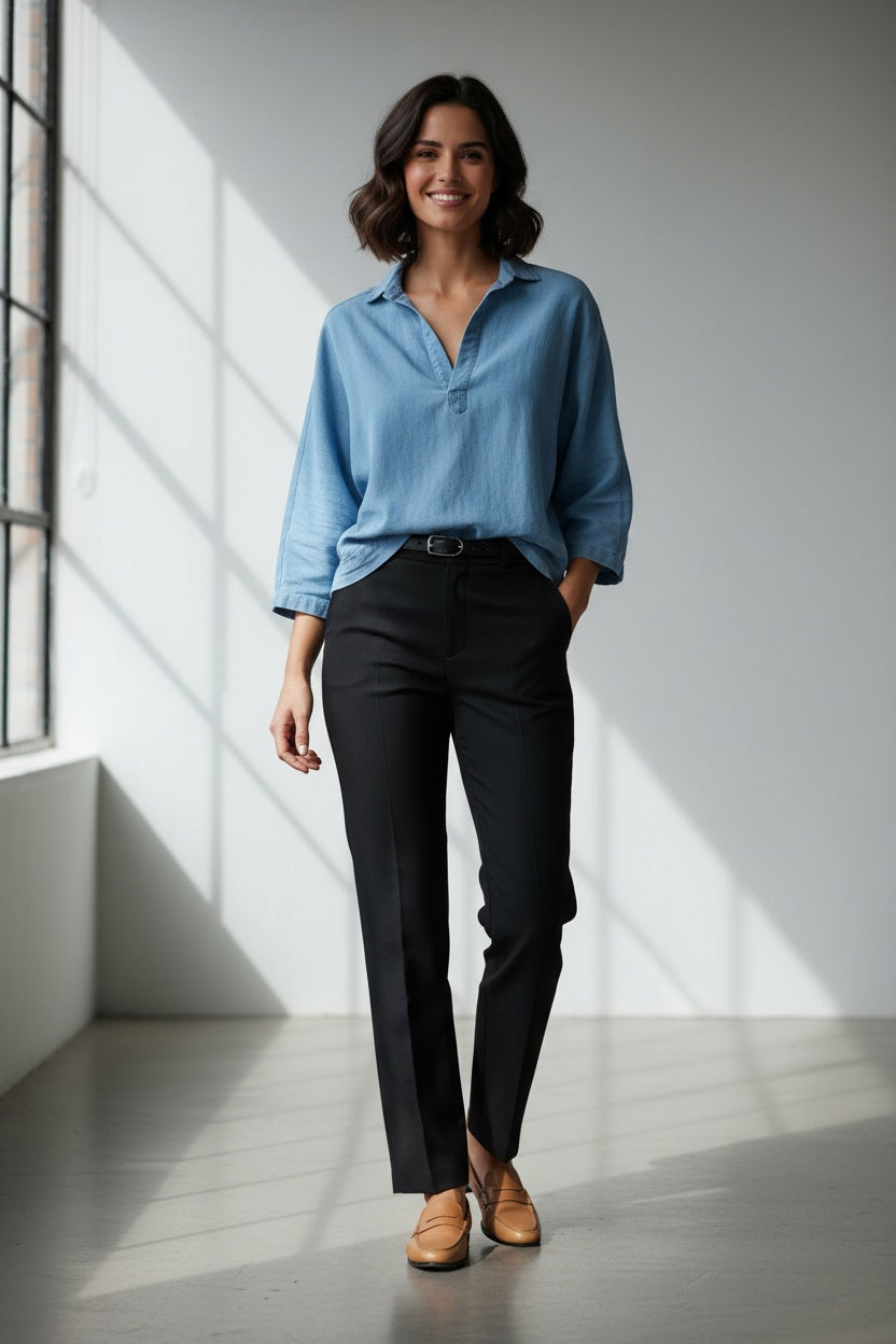 Fearrington Village Frank and Eileen Gabi popover shirt in classic blue denim with a V-neck and three-quarter sleeves