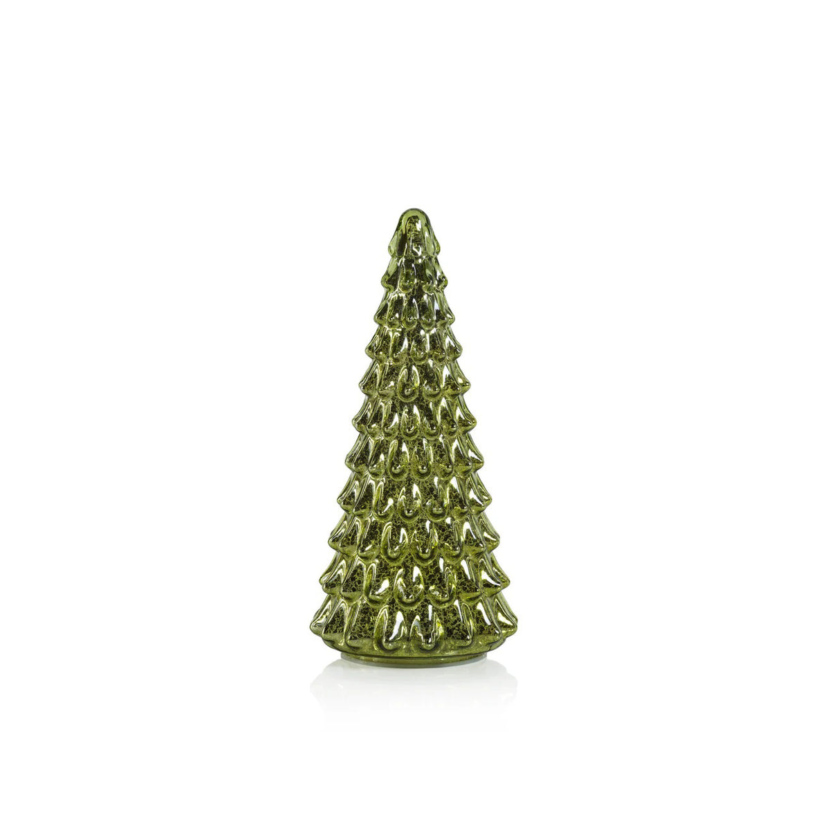 The ZODAX DAVOS LED ANTIQUE GLASS TREE 12.5 is a green, textured glass ornament with a classic pine look, featuring LED lighting and displayed on a plain white background.