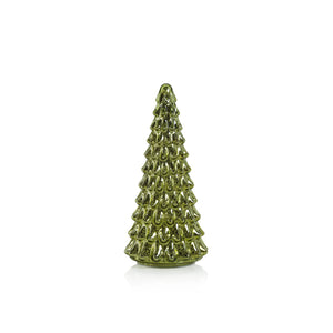 The ZODAX DAVOS LED ANTIQUE GLASS TREE 12.5 is a green, textured glass ornament with a classic pine look, featuring LED lighting and displayed on a plain white background.