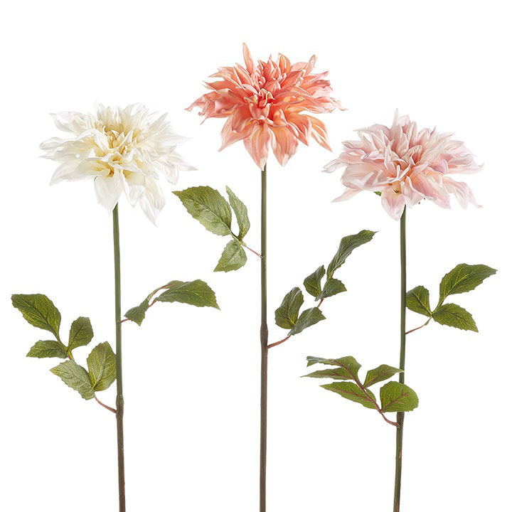 Three REAL TOUCH DAHLIA STEMS from RAZ IMPORTS, each with polyester stems and green leaves, arranged in a row against a white background. The multicolor flowers are white, orange, and pink from left to right, featuring layered petals.