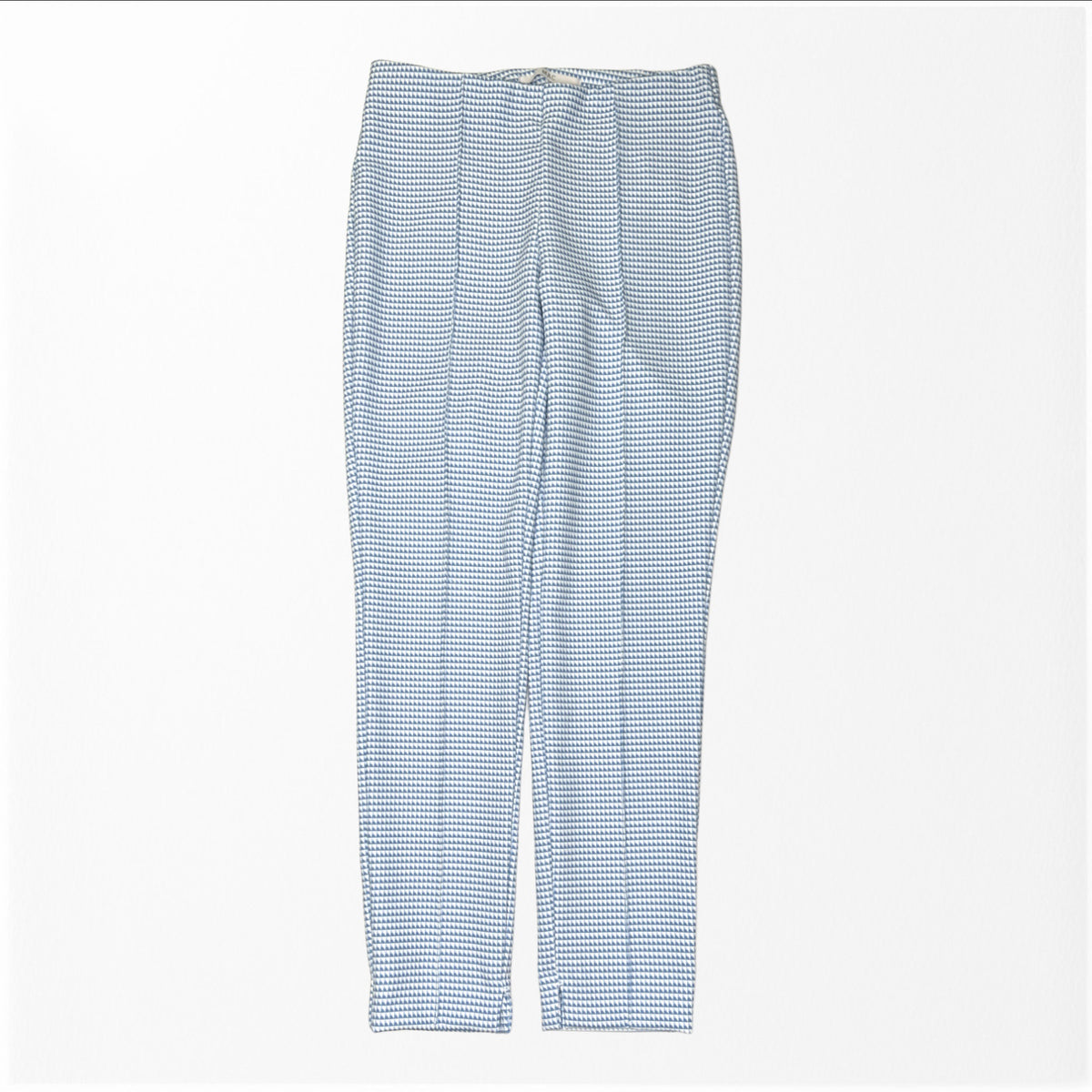 The MAC - ANNA PULL ON pants by MAC, featuring a slim fit in a blue and white checkered pattern, are made from high-performance polyamide techno bi-stretch fabric. Displayed against a plain white background, these pants include a waistband with a button closure and have straight legs.