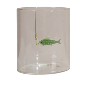 Set of three CREATIVE COOP HAND-BLOWN DRINKING GLASS WITH FISH ON HOOK, each with a unique green, blue, or red fish design—perfect for adding a playful accent to any coastal décor.
