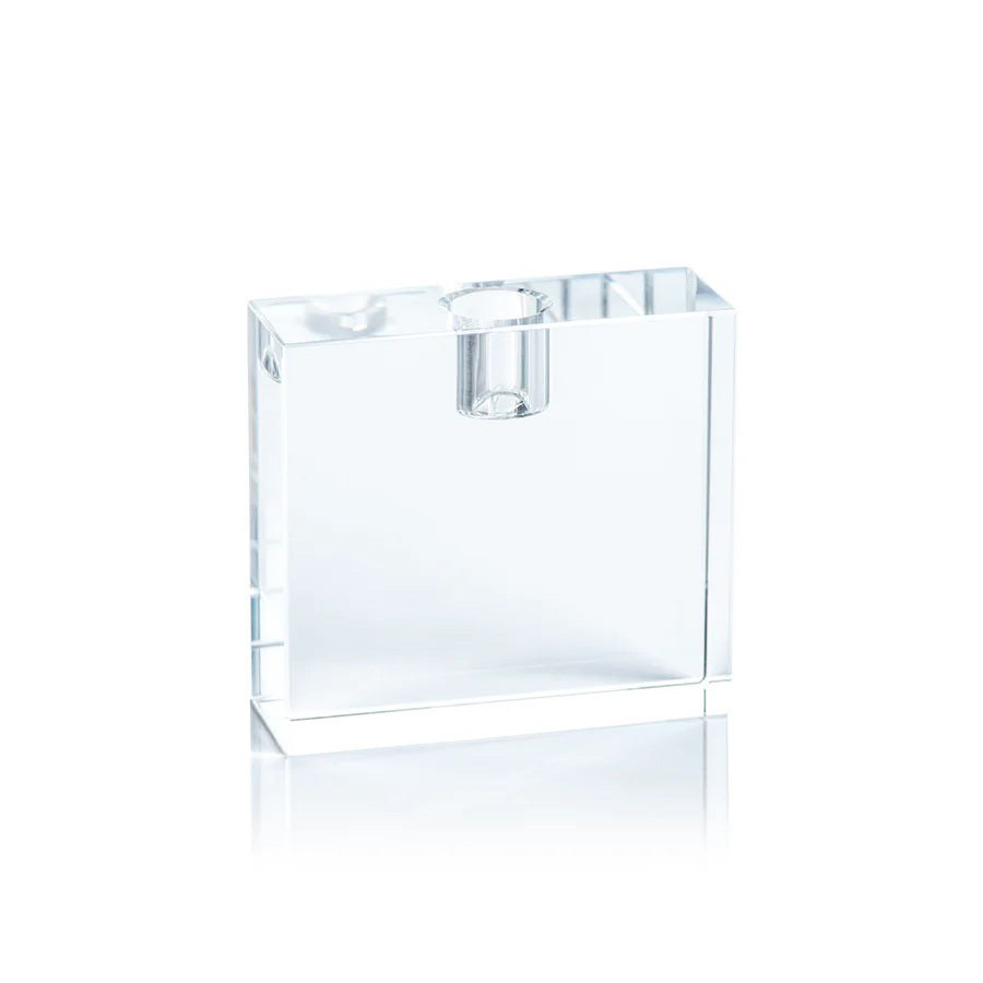 The ZODAX RECTANGULAR CRYSTAL GLASS TAPER HOLDER showcases a minimalist, clear rectangular design with a single round top opening, crafted from crystal and displayed on a white background.