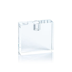 The ZODAX RECTANGULAR CRYSTAL GLASS TAPER HOLDER showcases a minimalist, clear rectangular design with a single round top opening, crafted from crystal and displayed on a white background.