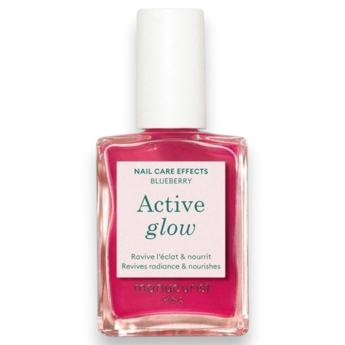 A pink serum drop labeled with its ingredients: raspberry extract (strengthens nails), AHAs (restore and harden), and sweet almond oil (nourishes). The text highlights that MANUCURIST - ACTIVE GLOW CARE POLISH by MANUCURIST INC is 85.5% plant-based—making it the ideal nail strengthener for achieving healthy, glass-like nails.