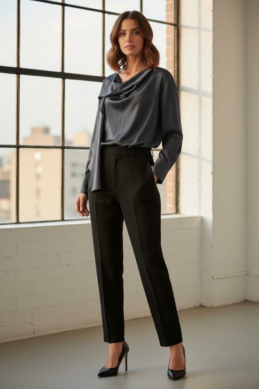 A woman stands indoors by a window, wearing ELEH’s dark gray BLOUSE WITH COWL NECK AND ATTACHED SCARF with long sleeves, paired with black high-waisted pants. Her face is partially out of frame.