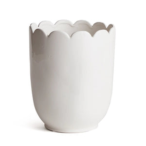 The NAPA HOME AND GARDEN - Mirabelle Scalloped Edge Cachepot is an Italian-style, white ceramic vase featuring a smooth finish and elegant scalloped rim, ideal for decorative interior use.