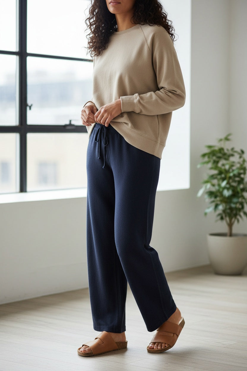 FRANK & EILEEN's CATHERINE 29" Full Length Sweatpant in British Royal Navy features a high-rise, wide-leg silhouette, elastic waistband with drawstring, and garment-dyed finish for a rich look. Shown flat on a white background.