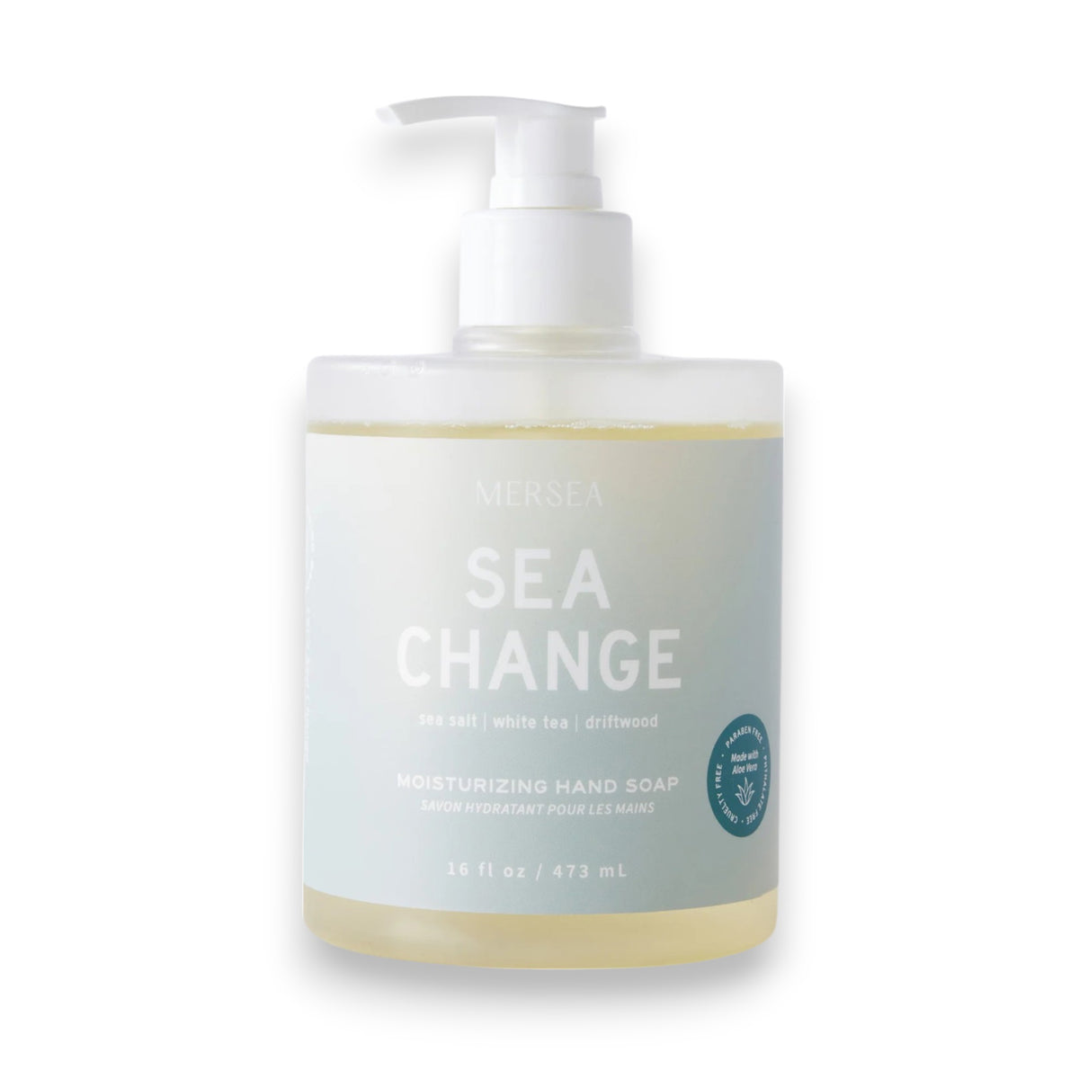 MERSEA - SEA CHANGE HAND SOAP 16OZ comes in a clear pump bottle with a pale blue label and white text, featuring sea salt, white tea, and driftwood scents. Contains 16 fl oz (473 mL).