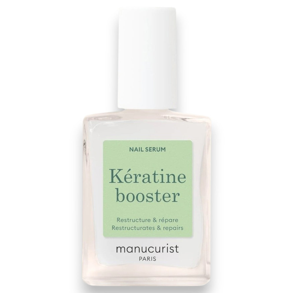 A transparent glass bottle of MANUCURIST - KERATIN BOOSTER by MANUCURIST INC, featuring a white cap and green label, described as a restructuring nail strengthener designed to repair and enhance nail care.