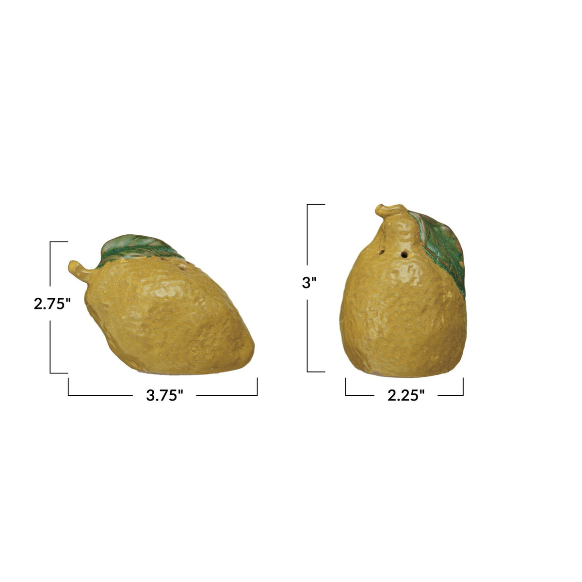 A yellow, lemon-shaped bowl of grains sits on a light surface. In front are CREATIVE COOP STONEWARE LEMON-SHAPED SALT AND PEPPER SHAKERS with green leaves, adding charm to your kitchen décor as grains scatter nearby.