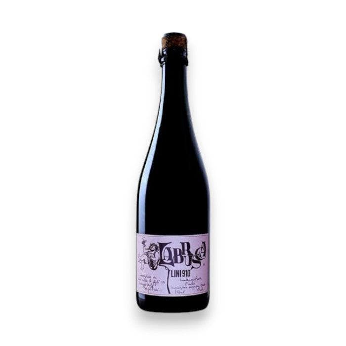 A dark wine bottle with a pink label reading "LINI 910 LAMBRUSCO ROSE NV SPARKLING" from Winebow, featuring decorative script and illustrations, hints at sparkling wine from Emilia-Romagna, displayed on a plain white background.