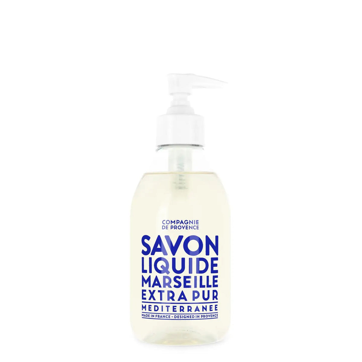 A clear pump bottle of CIE LUXE BRANDS’ COMPAGNIE DE PROVENCE SAVON LIQUIDE DE MARSEILLE MEDITERRANEAN SEA 10OZ features nourishing botanical oils and a white label with bold blue text.