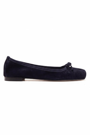 The MICHELE LOPRIORE - PALOMA BALLET FLAT WITH SQUARE TOE is a metallic silver leather shoe made in Italy, with a small bow on the rounded toe, low brown heel, and smooth texture, shown against a plain light background.