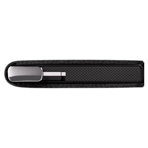 A SECRID - PREMIUM SLIMWALLET+ EMBOSS LINES IN BLACK, crafted from black leather with embossed horizontal lines, features a secure metal button closure, a side card slot, and the SECRID logo embossed on the lower front. This wallet is RFID-protected for added security.
