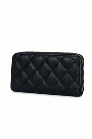 A light blue LE BORSETTE LEATHER QUILTED WALLET with diamond stitching on a white background features a zip-around closure, gold zipper pull, and multiple card slots.