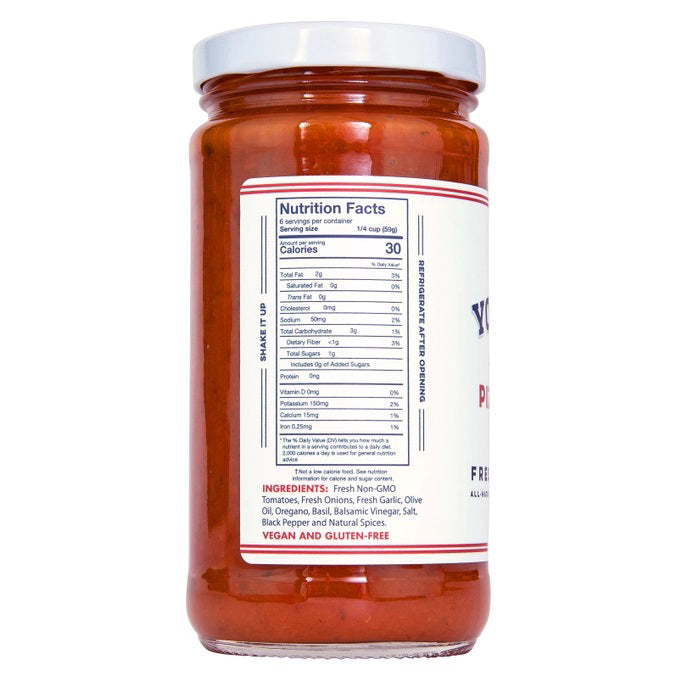 A 12.5 oz (354g) jar of YO MAMA'S - PIZZA SAUCE by YO MAMA'S FOODS features a white label with blue and red text, and highlights fresh ingredients, keto certification, gluten free, and low sodium.