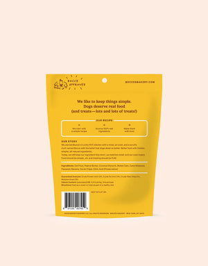 Yellow bag of BOCCE’S BAKERY - PB AND BANANA SOFT AND CHEWY TREATS with a clear window showing bone-shaped treats baked in the USA.