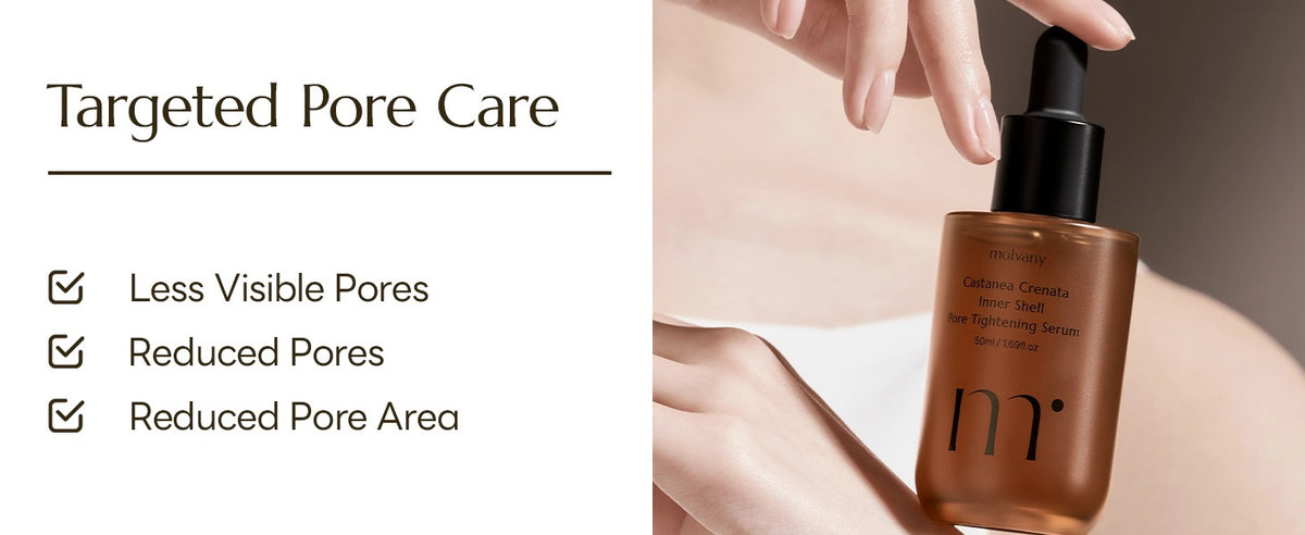 A hand holds a dropper bottle with MOLVANY - CASTANEA CRENATA INNER SHELL PORE TIGHTENING SERUM infused with Korean Yulpi extract. The label reads &quot;Apply Post CIS Essence for Optimal Absorption&quot; and is dedicated to those concerned about pores and skin hydration. Brand: HONG CHEON USA, INC.