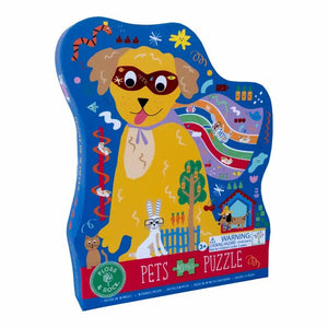 Introducing the FLOSS & ROCK - SUPER DOG JIGSAW PUZZLE 40PC, a vibrant jigsaw featuring a dog in a superhero mask with chunky pieces displaying playful cats, rabbits, trees, and stars on a blue background. Perfect for ages 3 and up!.