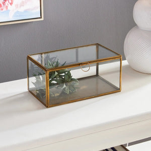 The NAPA HOME AND GARDEN - ARWEN RECTANGULAR BOX features a glass and brass design with a gold frame and round handle, perfect for showcasing plants, mementos, or decor items. Its transparent walls and minimalist style make it an ideal addition to any home.
