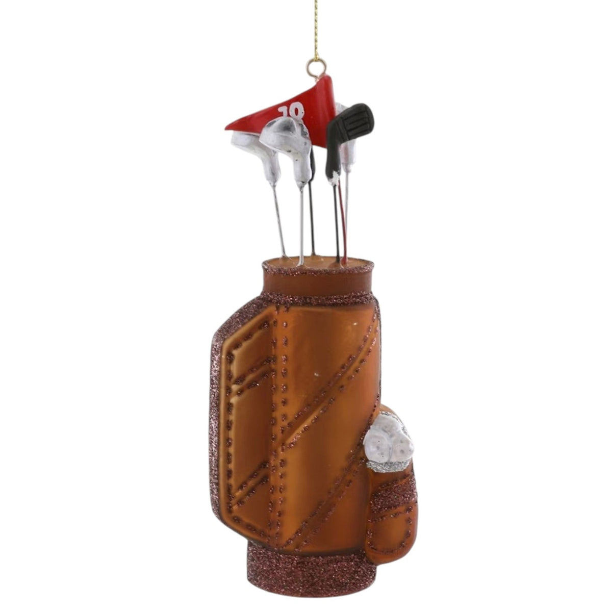 Cody Foster glass golf bag ornament, measuring 2.5 x 1.5 x 6 inches, containing several clubs and a red flag marked with the number 10.