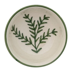 CREATIVE COOP's HAND-PAINTED STONEWARE BOWLS WITH BOTANICAL DESIGN, some holding green peppers or grains, are arranged on a light beige surface—each bowl highlights its unique handcrafted artistry.
