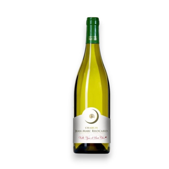 A bottle of BROCARD ST. CLAIRE CHABLIS 2024 from WINE: ADVINTAGE, with a green foil top and a white and gold label, stands upright on a white background. North Carolina wine shipping available.