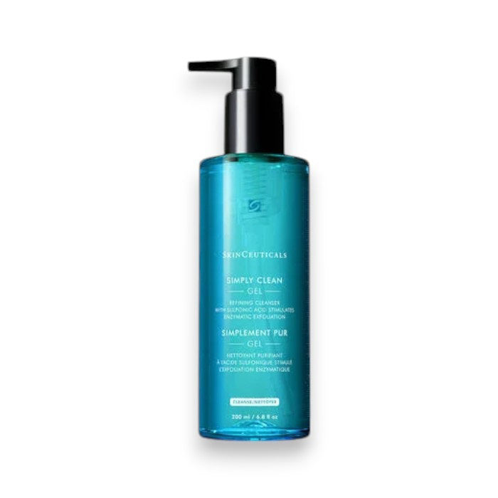 A blue bottle labeled &quot;SKINCEUTICALS - SIMPLY CLEAN CLEANSER&quot; from Skin Ceuticals, featuring a black pump dispenser on top. The packaging indicates it is a makeup-removing cleansing gel formulated for combination or oily skin and enriched with botanical extracts. The bottle size is 200 ml or 6.8 fl oz.