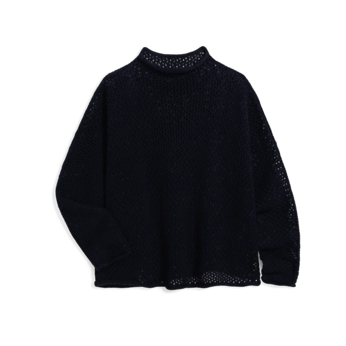 The FRANK &amp; EILEEN MONTEREY Pointelle Rolled Funnel Neck Sweater in Marine features a loose, textured Italian pointelle knit, long sleeves, high rolled neckline, and is crafted from 100% cotton. Shown laid flat on a white background.
