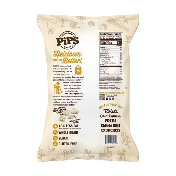 Bag of PIPCORN - TRUFFLE MINI POPCORN featuring an avocado oil label, displayed next to a smaller image of the previous Black Truffle popcorn packaging.