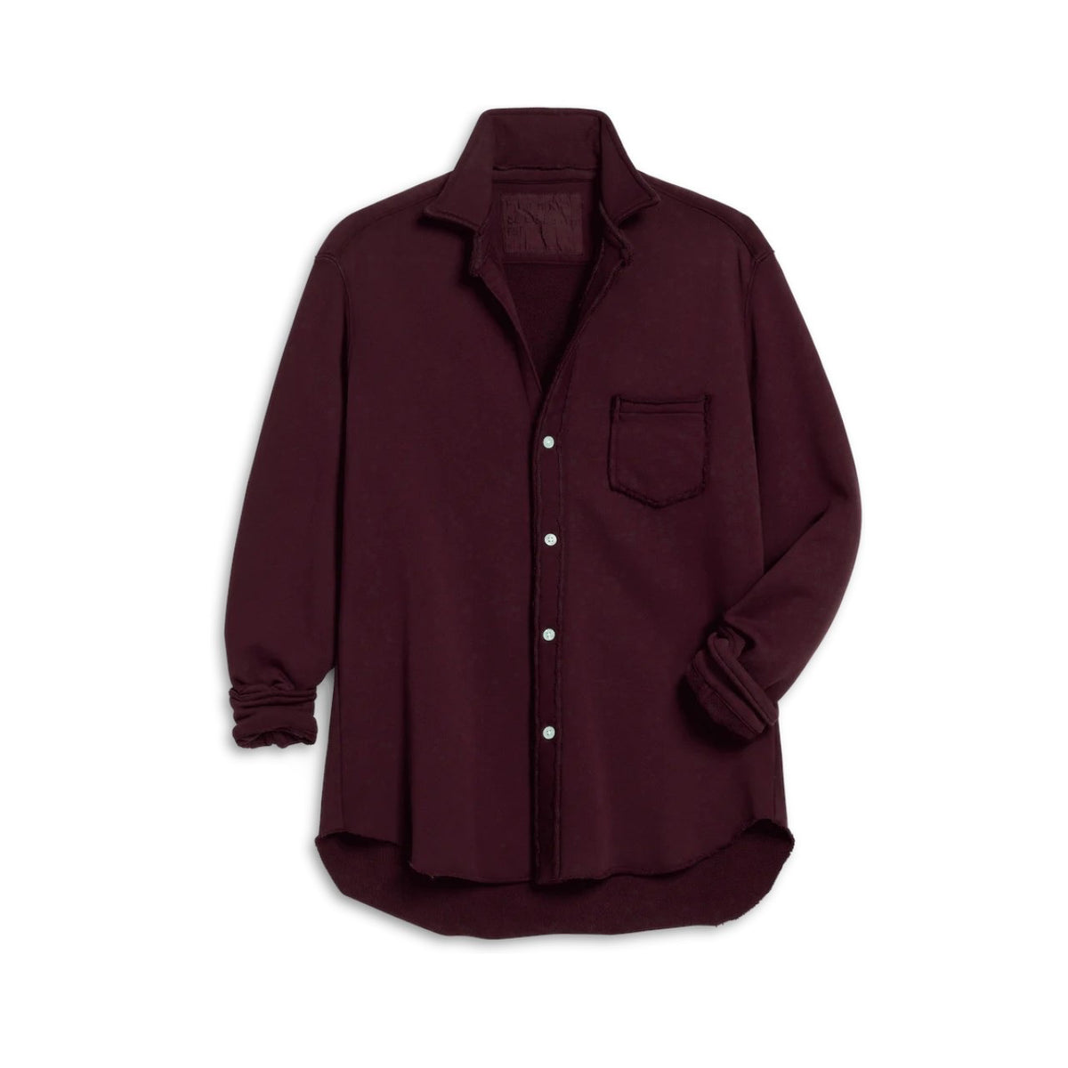 The FRANK &amp; EILEEN EILEEN Relaxed Button Up Shirt in Triple Fleece Currant features a relaxed fit, long sleeves, button-front design for a flattering bust, single chest pocket, and rolled cuffs, shown on a white background.
