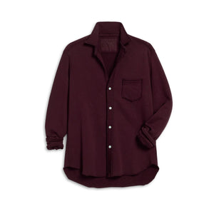 The FRANK & EILEEN EILEEN Relaxed Button Up Shirt in Triple Fleece Currant features a relaxed fit, long sleeves, button-front design for a flattering bust, single chest pocket, and rolled cuffs, shown on a white background.