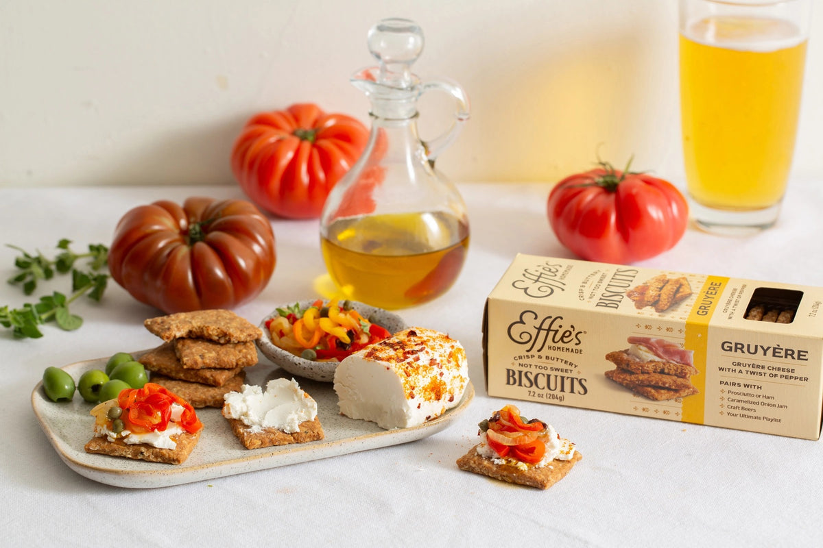 A 7.2 oz (204g) box of EFFIE’S GRUYERE BISCUIT by EFFIES HOMEMADE, labeled “crisp & buttery, not too sweet,” featuring an image of stacked biscuits and highlighting the Gruyère cheese and pepper flavor—an ideal pairing for your favorite craft beer.