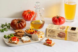 A 7.2 oz (204g) box of EFFIE’S GRUYERE BISCUIT by EFFIES HOMEMADE, labeled “crisp & buttery, not too sweet,” featuring an image of stacked biscuits and highlighting the Gruyère cheese and pepper flavor—an ideal pairing for your favorite craft beer.
