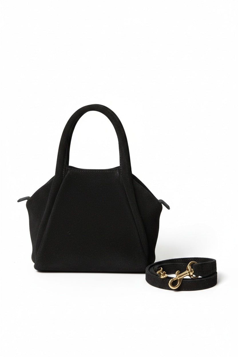 Structured black Italian leather OLIVEVE Mini Taya Top Handle Crossbody in black Italian leather backed suede, featuring two top handles and a detachable crossbody strap with gold-tone hardware.
