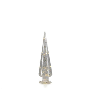 The ZODAX LED Glass Tree with Silver Beads - Medium features a clear, cone-shaped design filled with warm white LEDs and stands on a round base, bringing elegant holiday charm to any space.