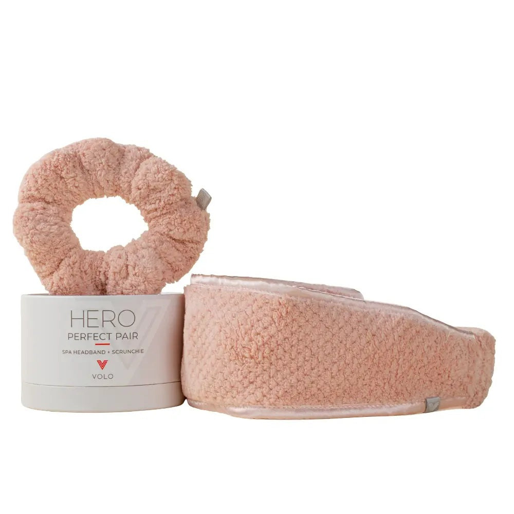 The VOLO BEAUTY - PERFECT PAIR HEADBAND AND SCRUNCHIE features a soft, cream-colored spa headband and a gentle Nanoweave scrunchie, both fluffy and textured, beautifully packaged together by VOLO BEAUTY.