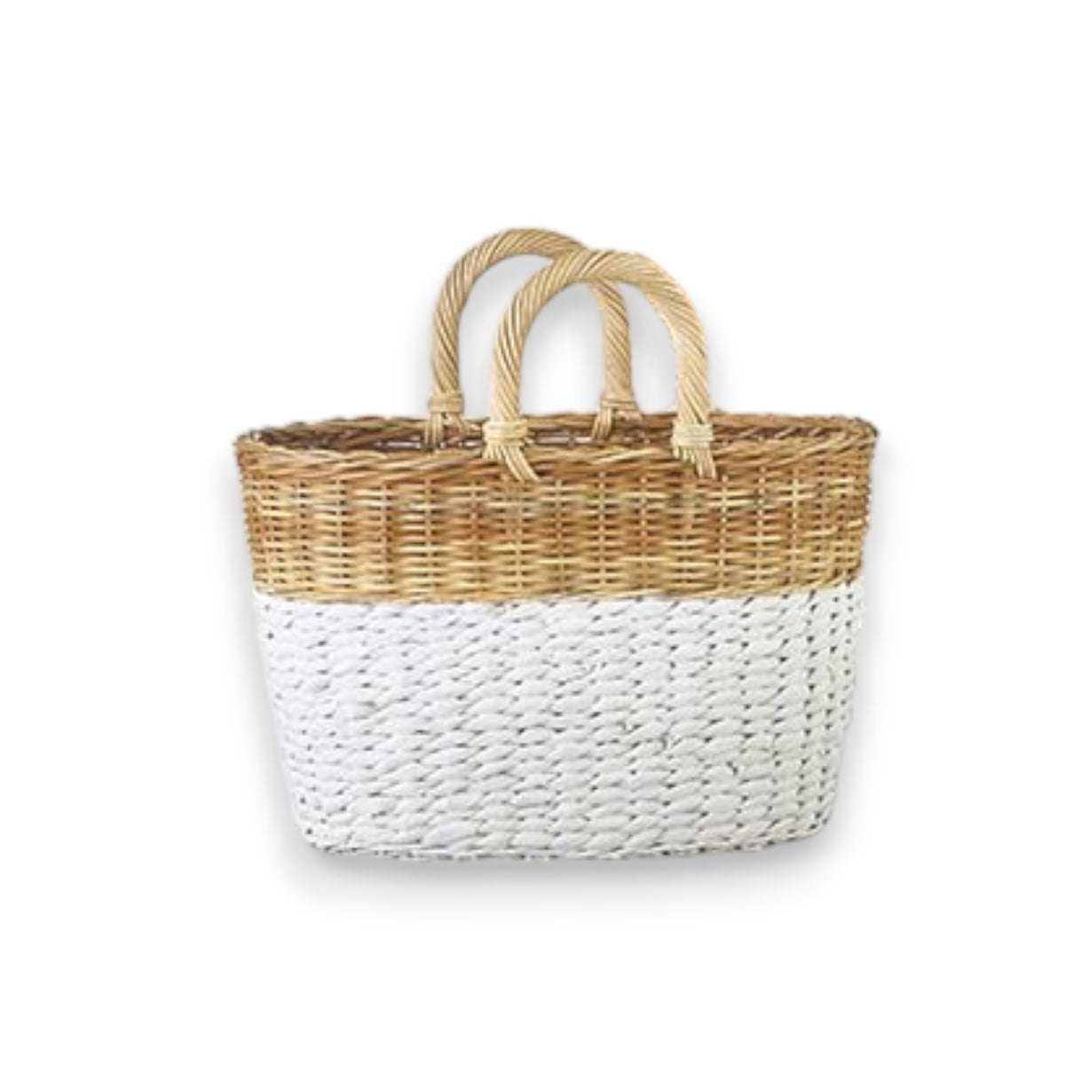 Introducing the TWO-TONE HANDLED BASKETS - LARGE by RAZ IMPORTS, a beautifully crafted woven basket with two handles made from durable rattan and seagrass. The top half features a natural brown color, while the bottom half is elegantly painted white. This rectangular basket has a slightly tapered design, making it an ideal decorative piece for any home.