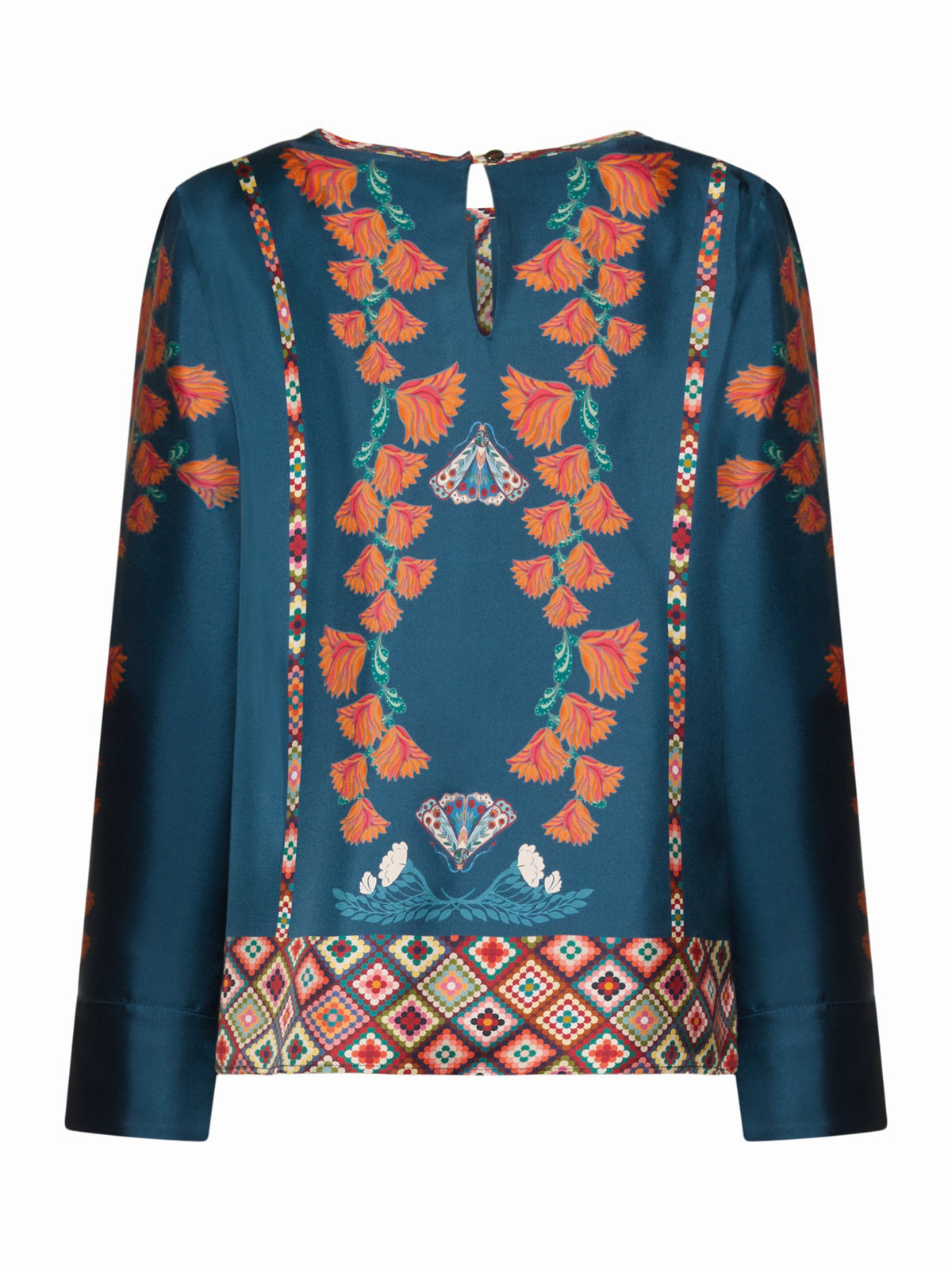 The FRANCO FERRARI - ALOE SILK BLOUSE features long sleeves, teal silk with orange floral embroidery, geometric borders at the hem and neckline, and a button accent on the back collar.