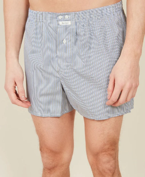 HARTFORD - COTTON BOXER SHORTS: Light blue men's boxer shorts with white pinstripes, elastic waistband, and single button fly by HARTFORD. Crafted for sustainability and shown on a plain light gray background.