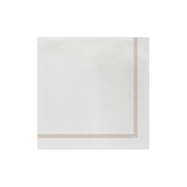 The VIETRI - FRINGE DINNER NAPKIN from the brand VIETRI features a simple blue striped border on two edges, made from absorbent spunlace fabric, shown against a plain white background.