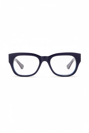 The CADDIS - MIKLOS PROGRESSIVE READERS by CADDIS, black thick-rimmed eyeglasses with durable scratch-resistant lenses, shown from the front against a white background.