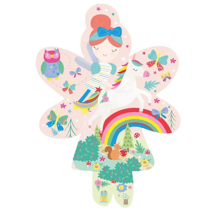 A vibrant, fairy-shaped box contains the 20-piece "FLOSS AND ROCK - RAINBOW FAIRY JIGSAW PUZZLE." This puzzle by Floss &amp; Rock features a whimsical design with a fairy holding a rainbow, surrounded by flowers, mushrooms, unicorns, a smiling sun, and various playful elements. The brightly colored pieces make it an ideal choice for children ages 3 and up.