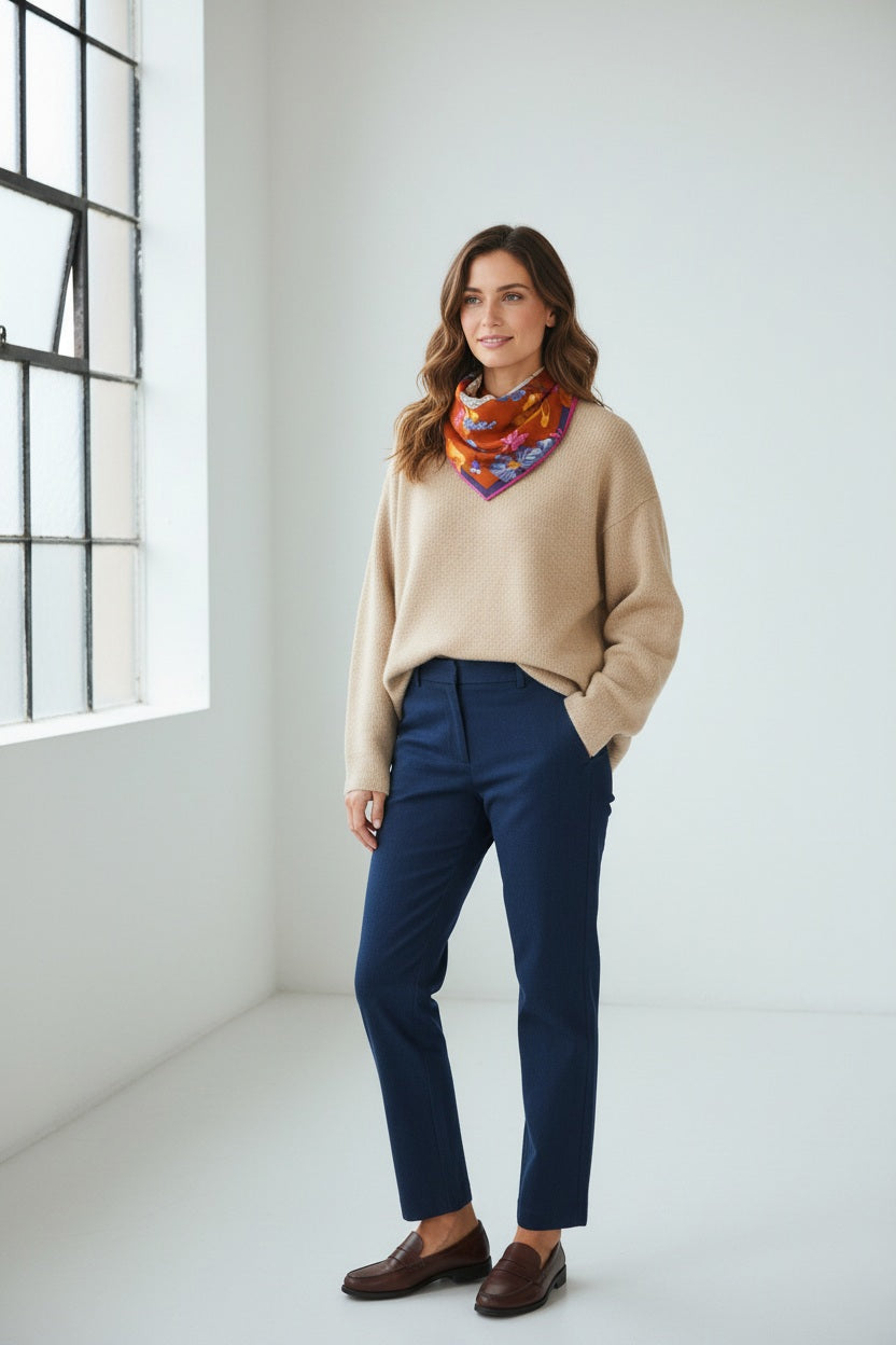 Fearrington Village Inoui Editions Toutou wool scarf in orange with floral print worn by a woman