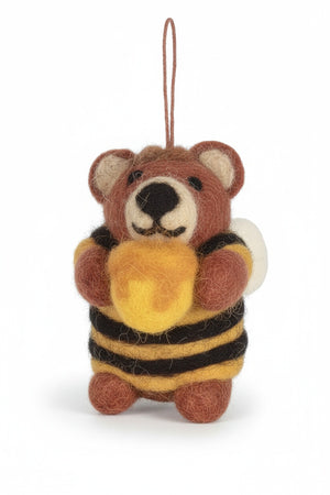 HOWIE HONEY BEE BEAR ORNAMENT handcrafted from needle-felted wool, wearing a striped sweater and holding a honey pot.