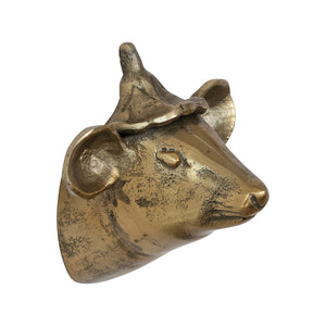 The CREATIVE COOP MOUSE HEAD WITH HAT WALL DÉCOR features an antique brass finish and is a whimsical mouse sculpture with large ears and a pointy hat, perfect as charming wall décor for your home.